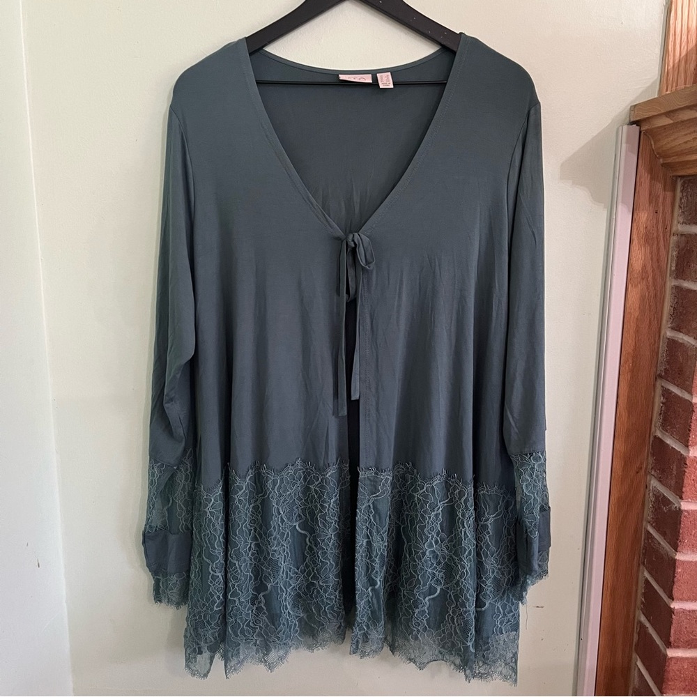 LOGO by Lori Goldstein Womens Teal Lace Kimono 1X A374451